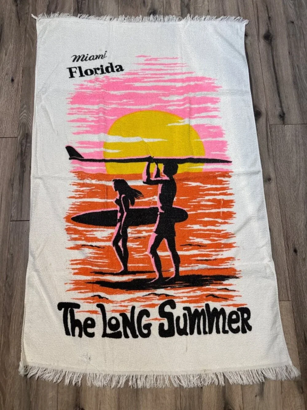 VTG 60/70's Cannon Miami Florida Beach Towel Fringe & The Long Summer Print 58